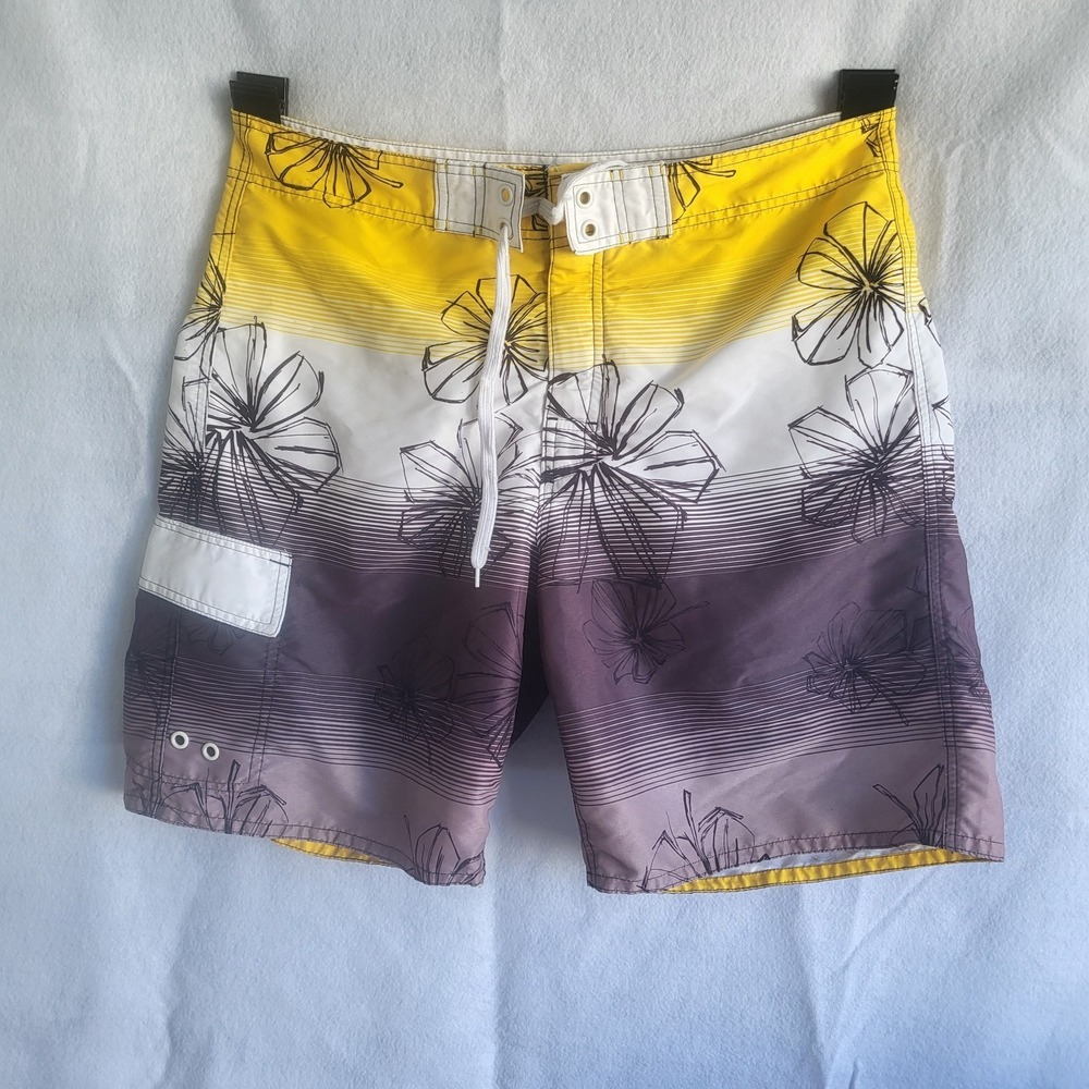mens large joe‎ boxer swim trunks shorts yellow black white floral